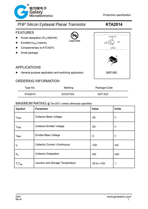 Kta2014 Datasheet Pnp Silicon Epitaxial Planar Transistor