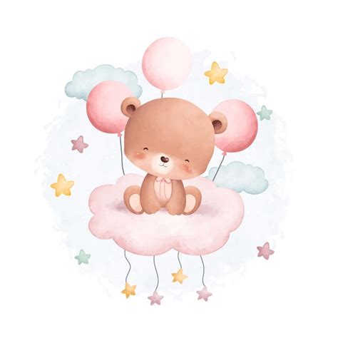 Illustration Aquarelle Ours En Peluche Mignon Sur Un Nuage Avec Des