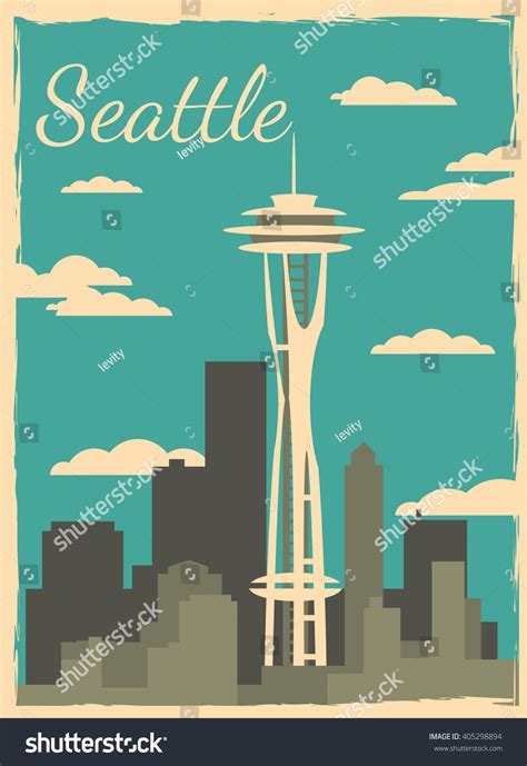 Seattle City Skyline Vector City Retro Stock Vector Royalty Free