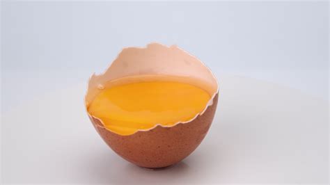 Broken Egg In Half Eggshell Is Turning On White Background Close Up Of