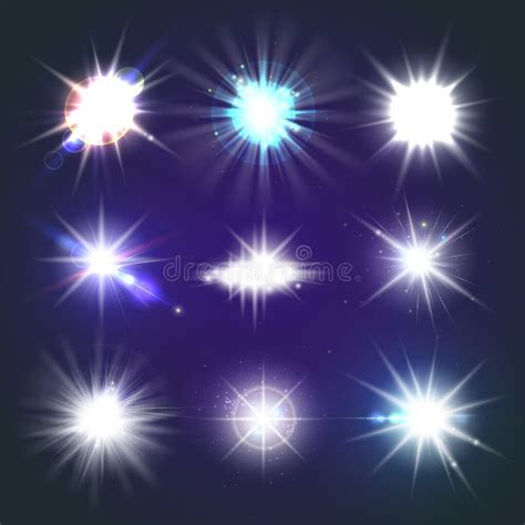 Set Of Bright Beautiful Stars Optical Lens Glowing Flashlight Effect