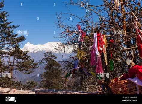 Kanchenjunga Mountain With Flags And Ritual Items From Pathivara Devi