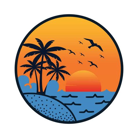 Summer Vacation On Tropical Beach Sunset Label With Palm Trees