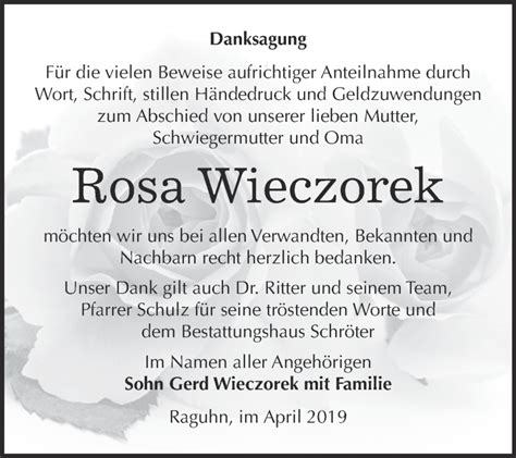 Traueranzeigen Von Rosa Wieczorek Abschied Nehmen De