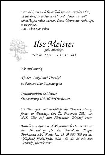 Traueranzeigen Von Ilse Meister Trauer In Nrw De