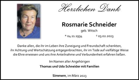 Traueranzeigen Von Rosmarie Schneider Rz Trauer De