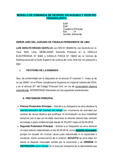 Pdf Modelo De Demanda De Despido Incausado Y Despido Fraudulento