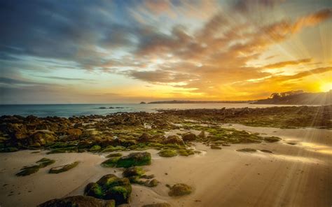 Frankreich Bretagne Küste Moos Meer Sonnenaufgang Wolken