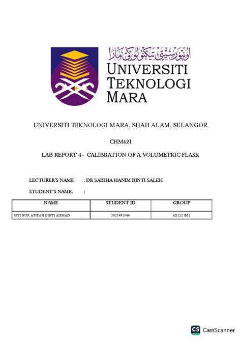 Lab Report 1 Chm421 Analytical Chemistry UNIVERSITI TEKNOLOGI MARA