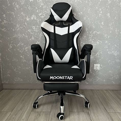 Кресло Геймерское MoonStar Черно-белое Игровое с Подставкой для Ног ...