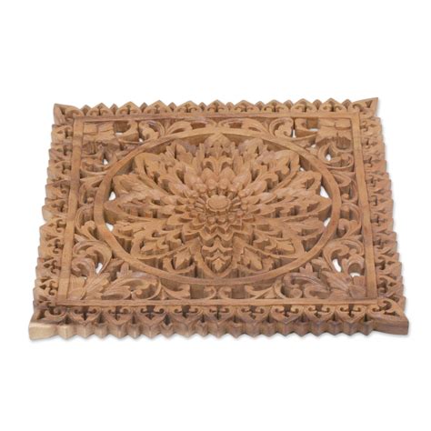 Unicef Market Hand Carved Suar Wood Floral Wall Relief Panel From