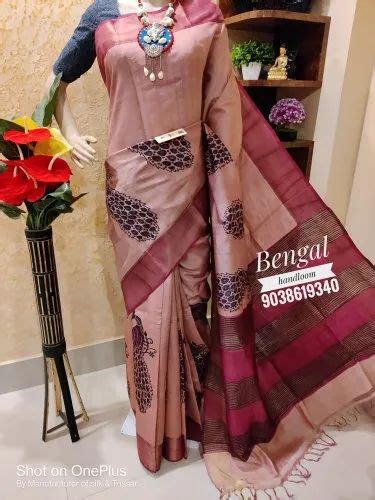 Block Printed Zari Border Tussar Silk Saree M With Blouse Piece