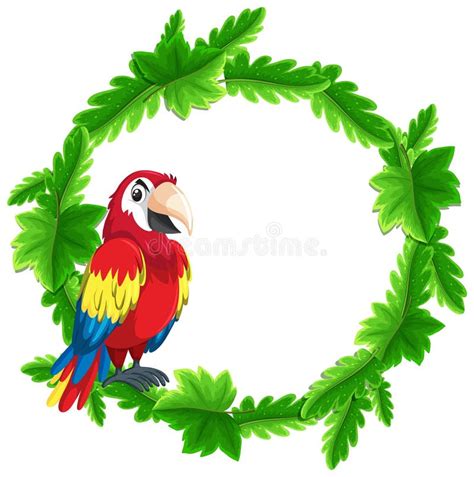 Round Green Leaves Banner Template With A Parrot Bird Stock Vector