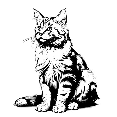 Un boceto de un gato peludo doméstico sentado Vector Premium