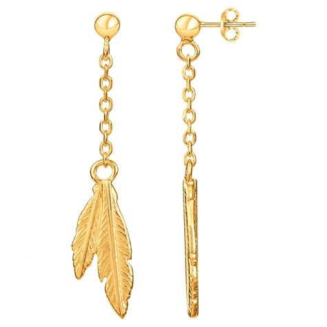 Boucles d oreilles Carador pendantes motif plume sur chaine en plaqué or