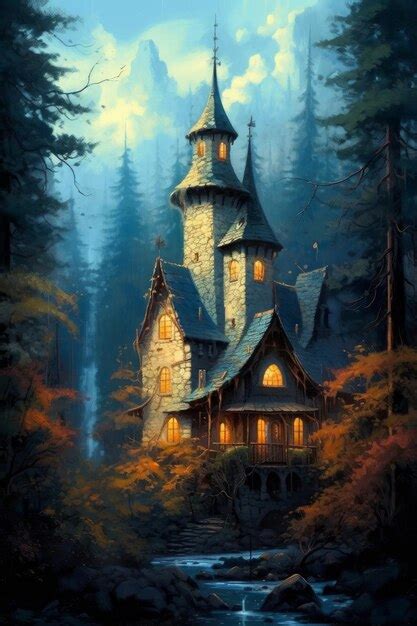 Premium AI Image | A painting with a fairy house in the forest