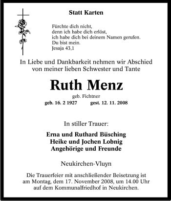 Traueranzeigen Von Ruth Menz Trauer In Nrw De