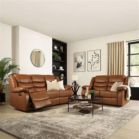 Sorrento 32 Seater Recliner Sofa Set Tan Classic Faux Leather Only £