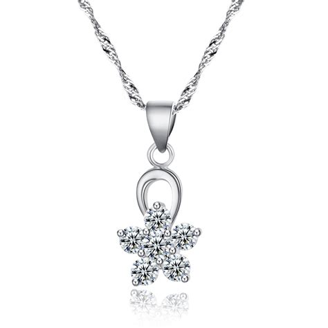 Genuine 925 Sterling Silver Dazzling Flower Pendant Necklace Paved