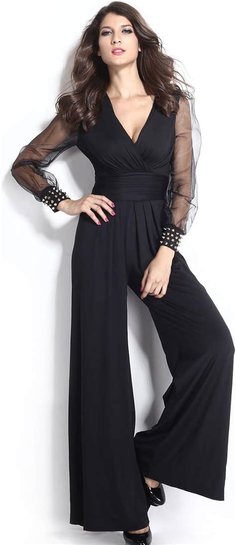 Touvie Damen Jumpsuit Sexy V Ausschnitt Lang Netz Ärmel Schwarz Elegant