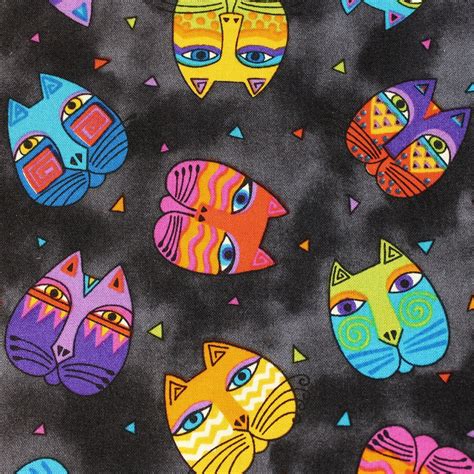 Laurel Burch Fantastic Felines Black Tossed Cat Heads Fabric Bthy Etsy
