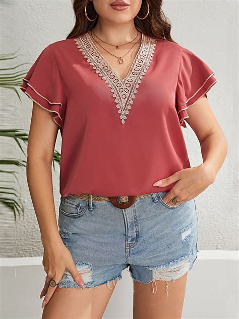 Summer Lace V Neck Loose Top For Fat Women Blouses Plus Size 虎窝淘