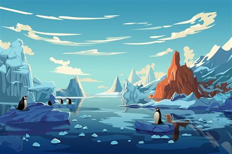 Pingouins De Fond Et Glaciers Dans Le Dessin Animé Plat D adorables