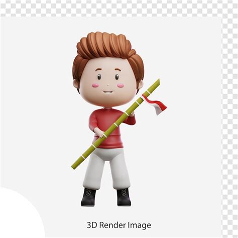 Premium Psd 3d Illustration Boy Holding Sharp Bamboo Indonesia