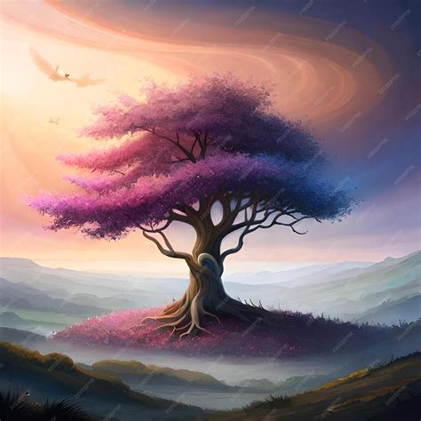 Premium AI Image | A painting of a tree with a purple tree in the ...