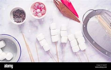 Step By Step Flat Lay Making Marshmallow Snowman And Reindeer On Sticks Hot Chocolate Toppers