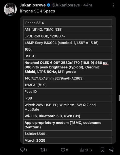 Iphone Se 4 Complete Specifications Sheet And Pricing Allegedly Leaked Low Cost Model To