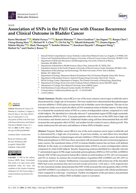 Pdf Association Of Snps In The Pai1 Gene With Disease Recurrence And