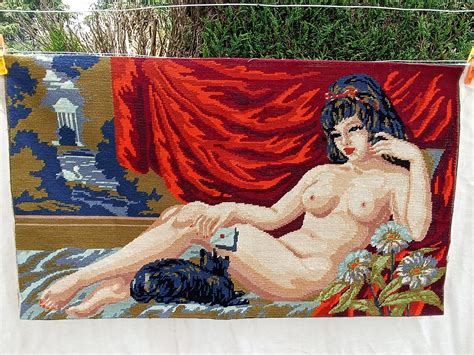 Vintage French Tapestry Painting Embroidered Canvas Finished With