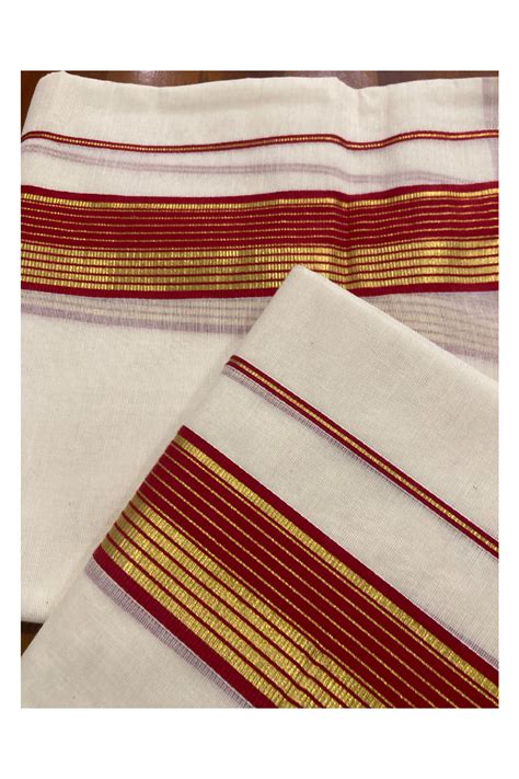 Kerala Cotton Mundum Neriyathum Double Set Mundu With Dark Red And K