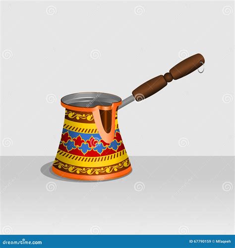 Cezve Turkish Coffee Pot With Wooden Handle And Detailed Colorful