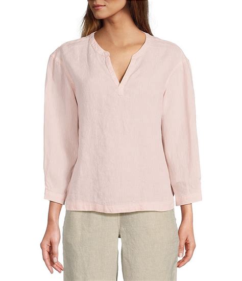 Llbean Linen Split Round Neck Long Sleeve Blouse Dillards