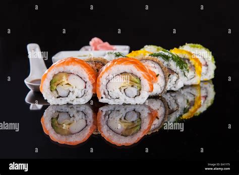 Various Kind Of Sushi Food Served On Black Background Stock Photo Alamy