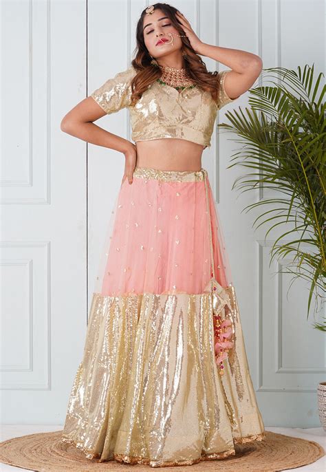 Buy Sequinned Net Lehenga In Peach And Beige Online LJN1598 Utsav