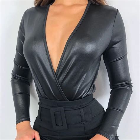 Buy Sexy Women Pu Leather Bodysuit Deep V Neck Leotard