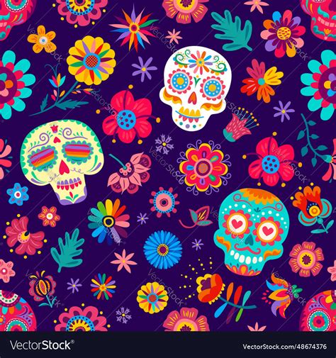 Seamless Pattern With Mexican Sugar Calavera Skull