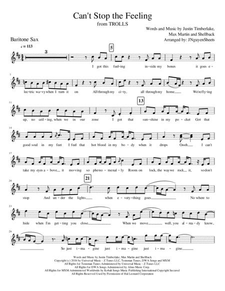 Can T Stop The Feeling From Trolls Arr Jnguyensheets Sheet Music