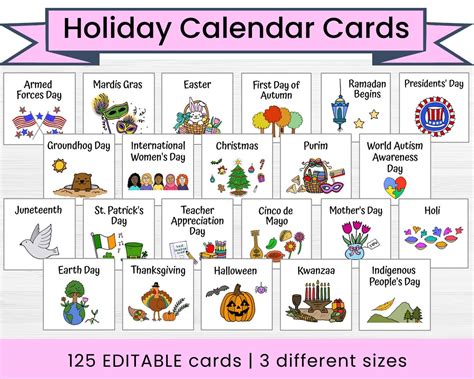 Holiday Calendar Cards American Holidays and Observances Editable ...