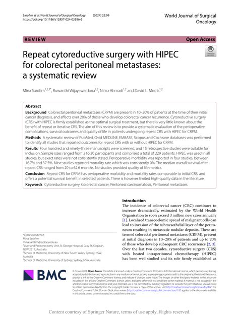 Pdf Repeat Cytoreductive Surgery With Hipec For Colorectal Peritoneal