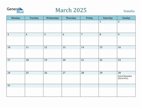 Somalia Holiday Calendar for March 2025