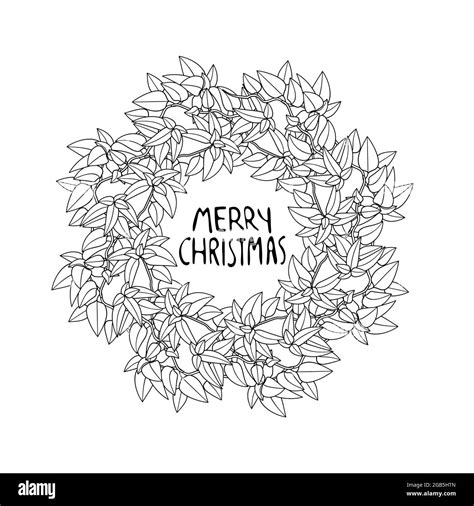 Line Art Christmas Wreath clipart, poinsettia branches with red flowers ...