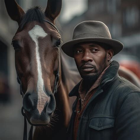 Um homem está ao lado de um cavalo uma faixa branca no rosto