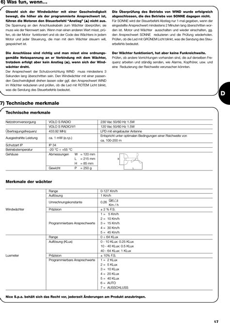 Nice S P A 433VL Climatic Sensor User Manual Volo S Radio 140 4862 Rev01