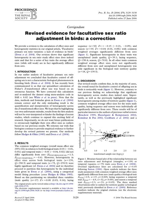 Revised Evidence For Facultative Sex Ratio Adjustment In Birds A