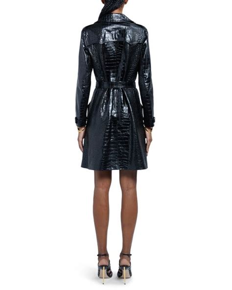 Tom Ford Belted Double Breasted Croc Embossed Leather Trench Coat In