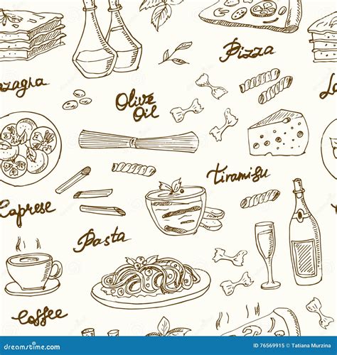 Vector Hand Drawn Seamless Pattern With Italian Food Vintage